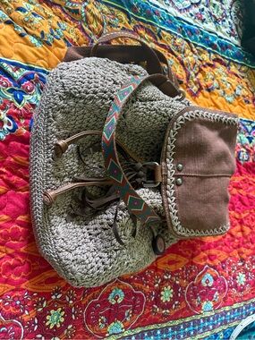 The Sak Woven Crochet Drawstring Backpack - Beige & Brown